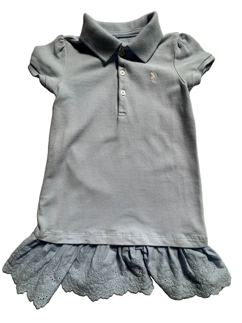Ralph Lauren Girls 24M Blue Polo Dress Eyelet Ruffle Pony Logo Cotton